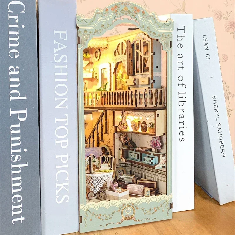 Diy Wooden Book Nook Kit Shelf Insert - DIY Wooden Pastoral Diary Bookends Book